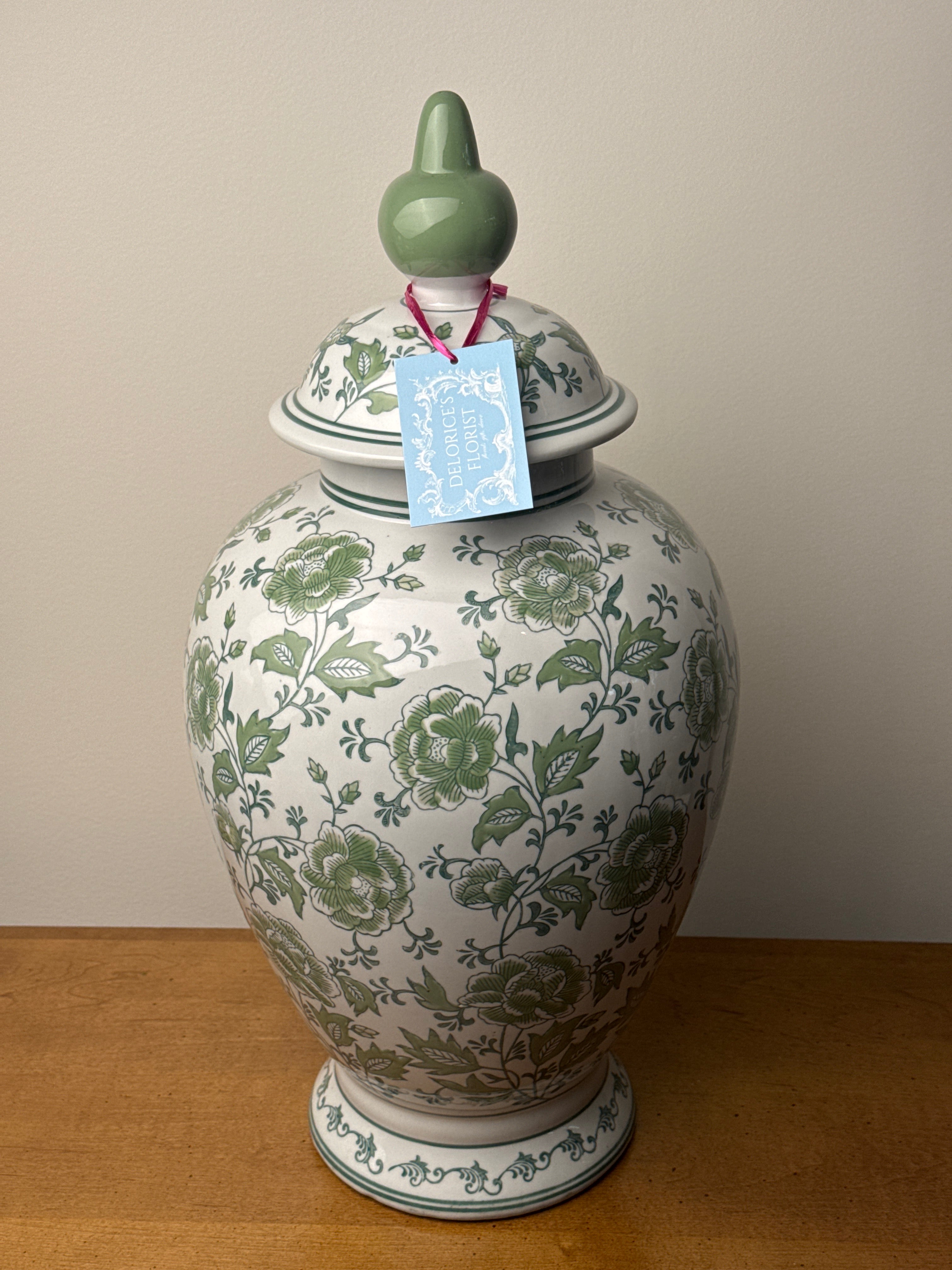 21 Inch Green and White Chinoiserie Ginger Jar