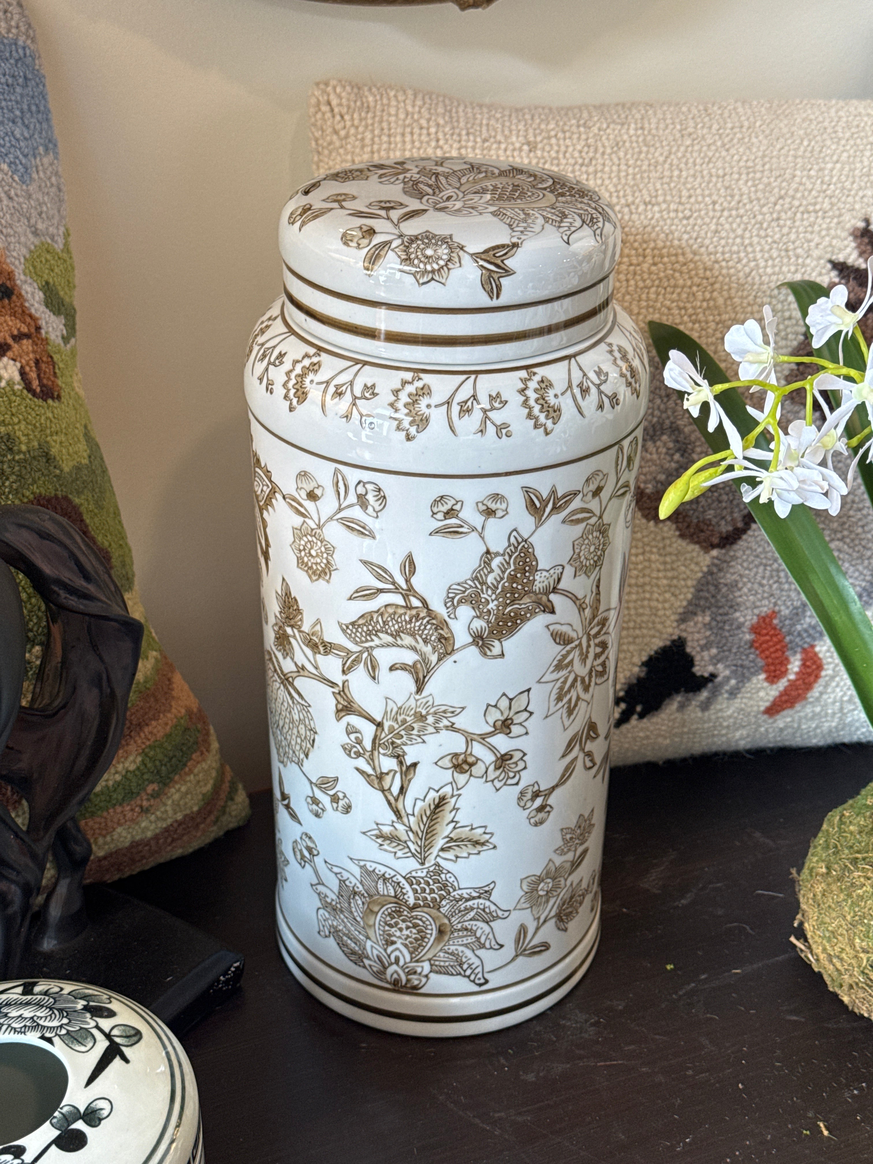 Brown and White Chinoiserie Jar