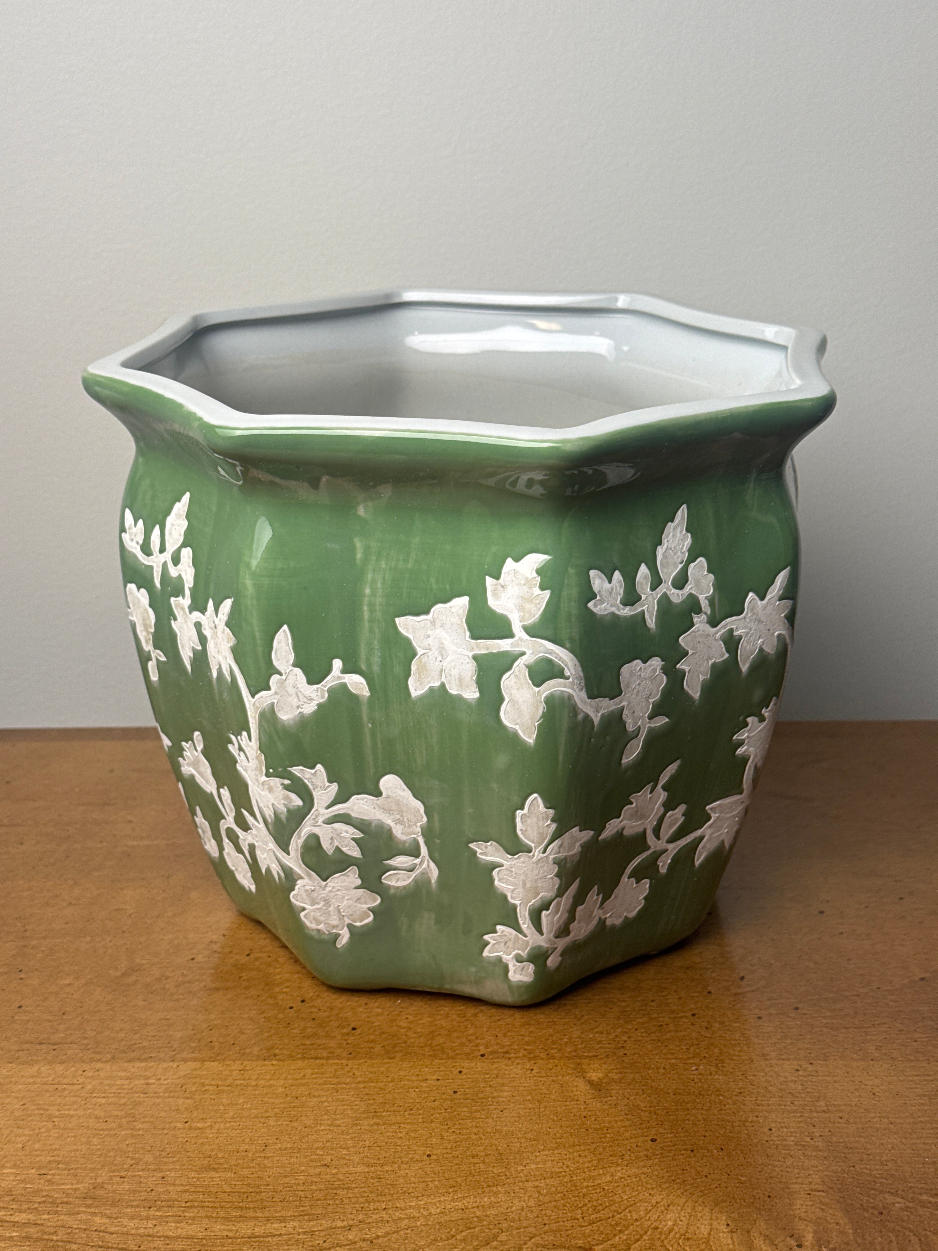Large Green Floral Cache Pot