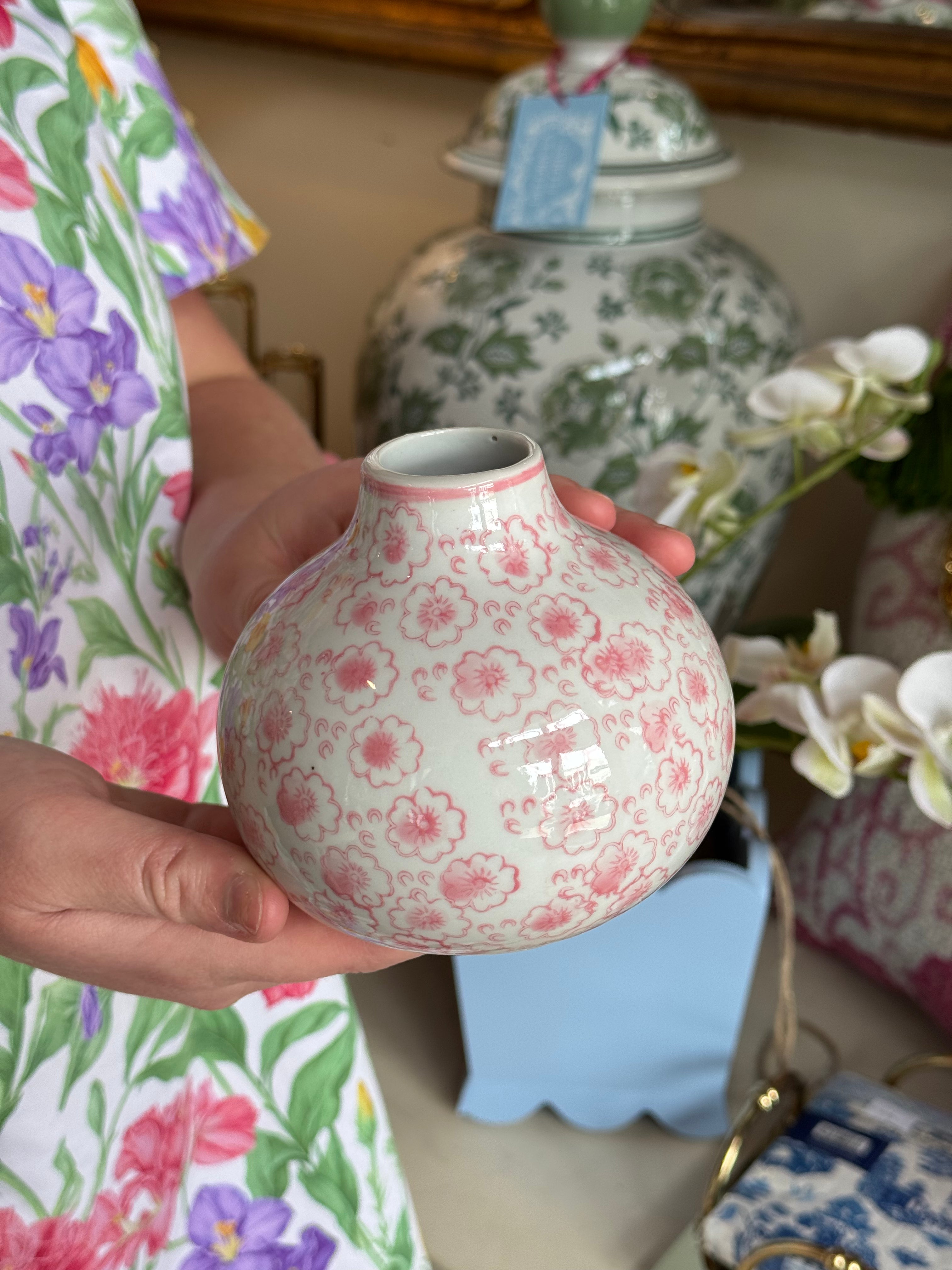 Pink and White Chinoiserie Budvase