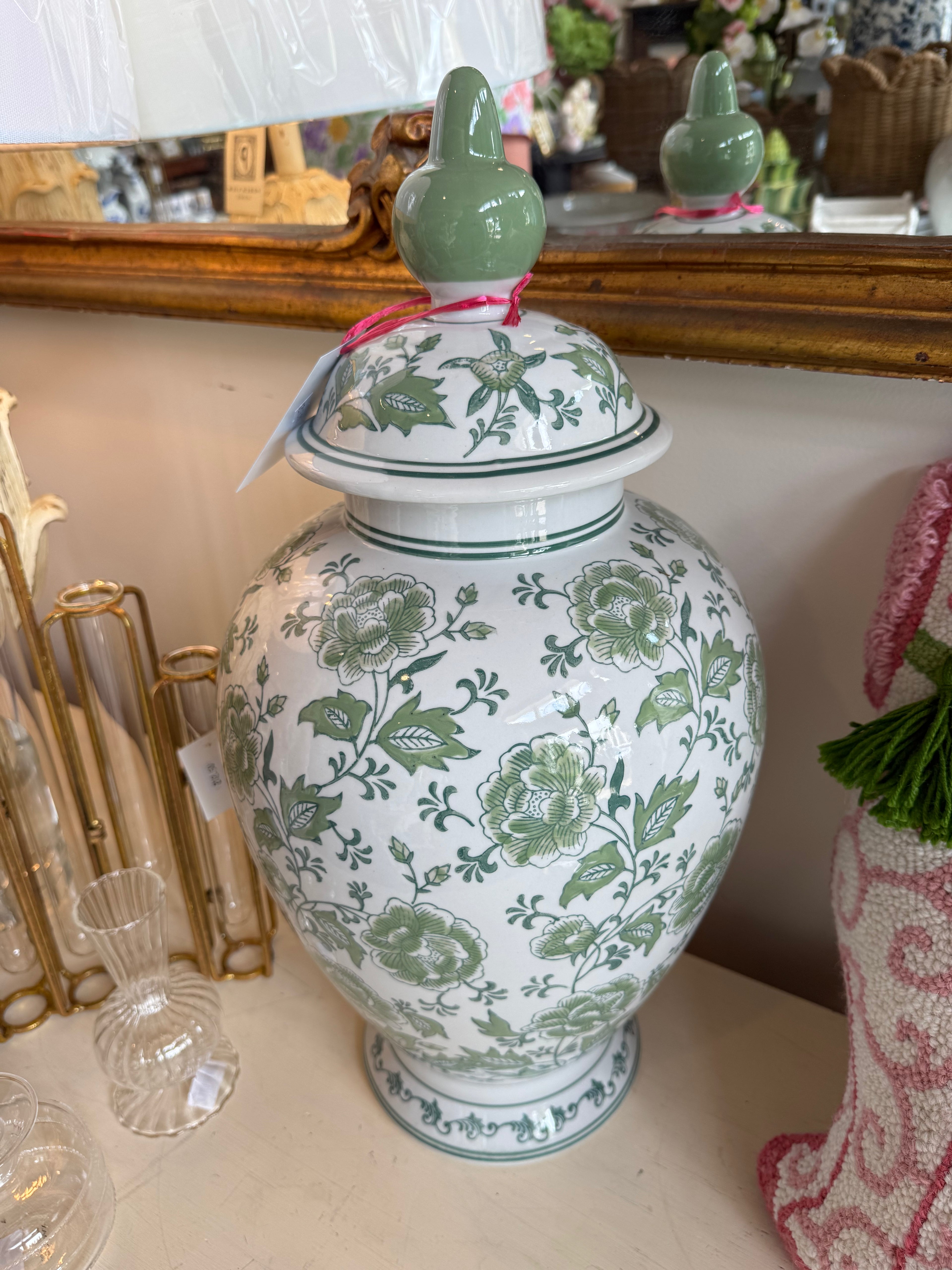 21 Inch Green and White Chinoiserie Ginger Jar