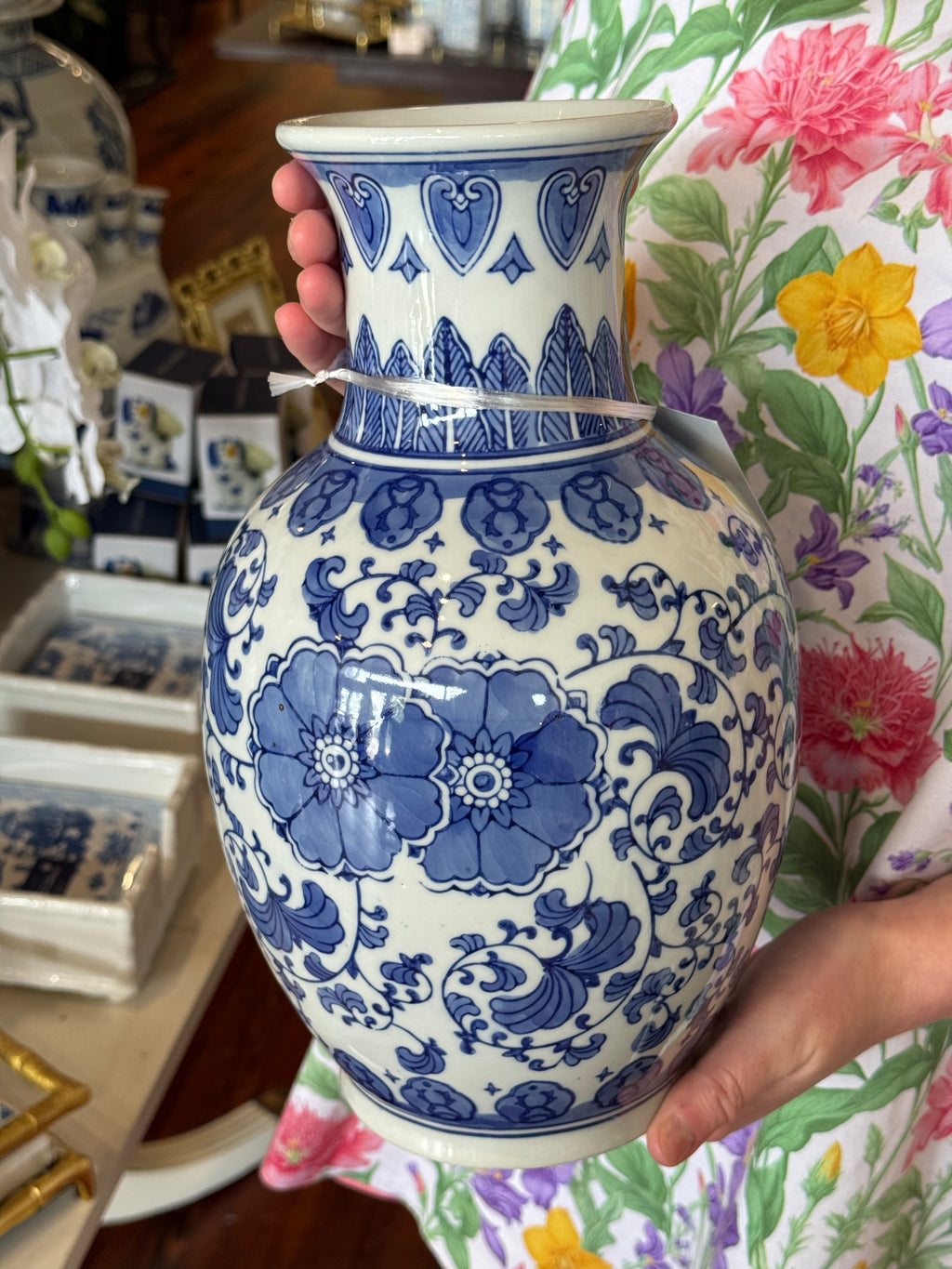 12 Inch Blue and White Chinoiserie Vase