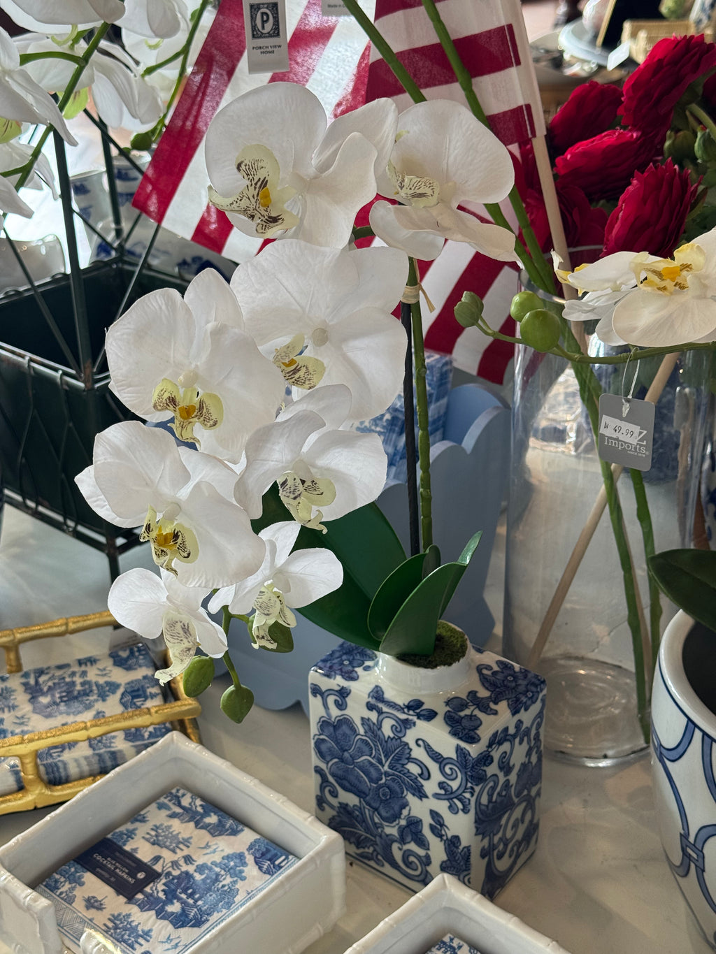 Artificial Orchid in Blue and White Chinoiserie Container