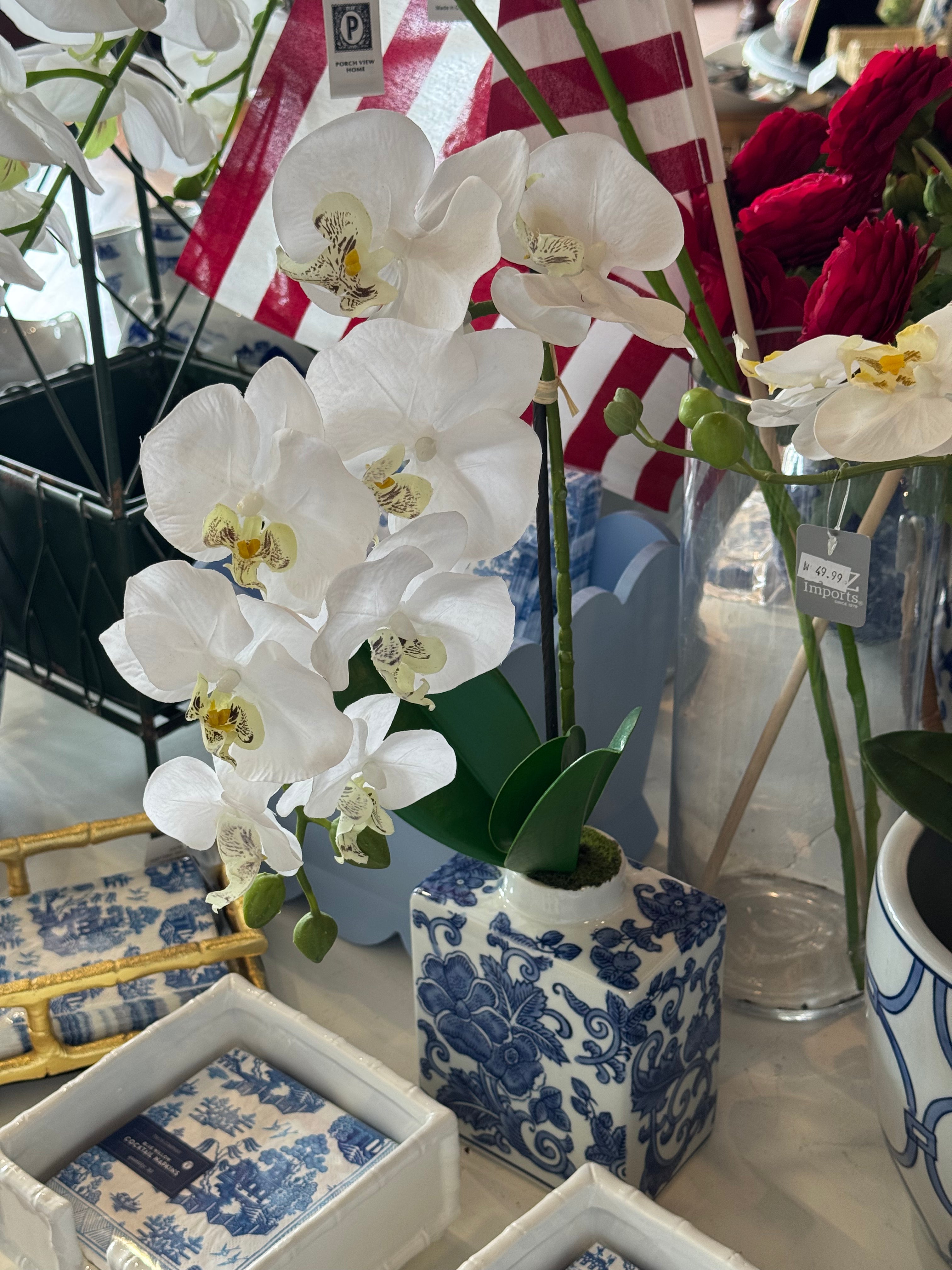 Artificial Orchid in Blue and White Chinoiserie Container